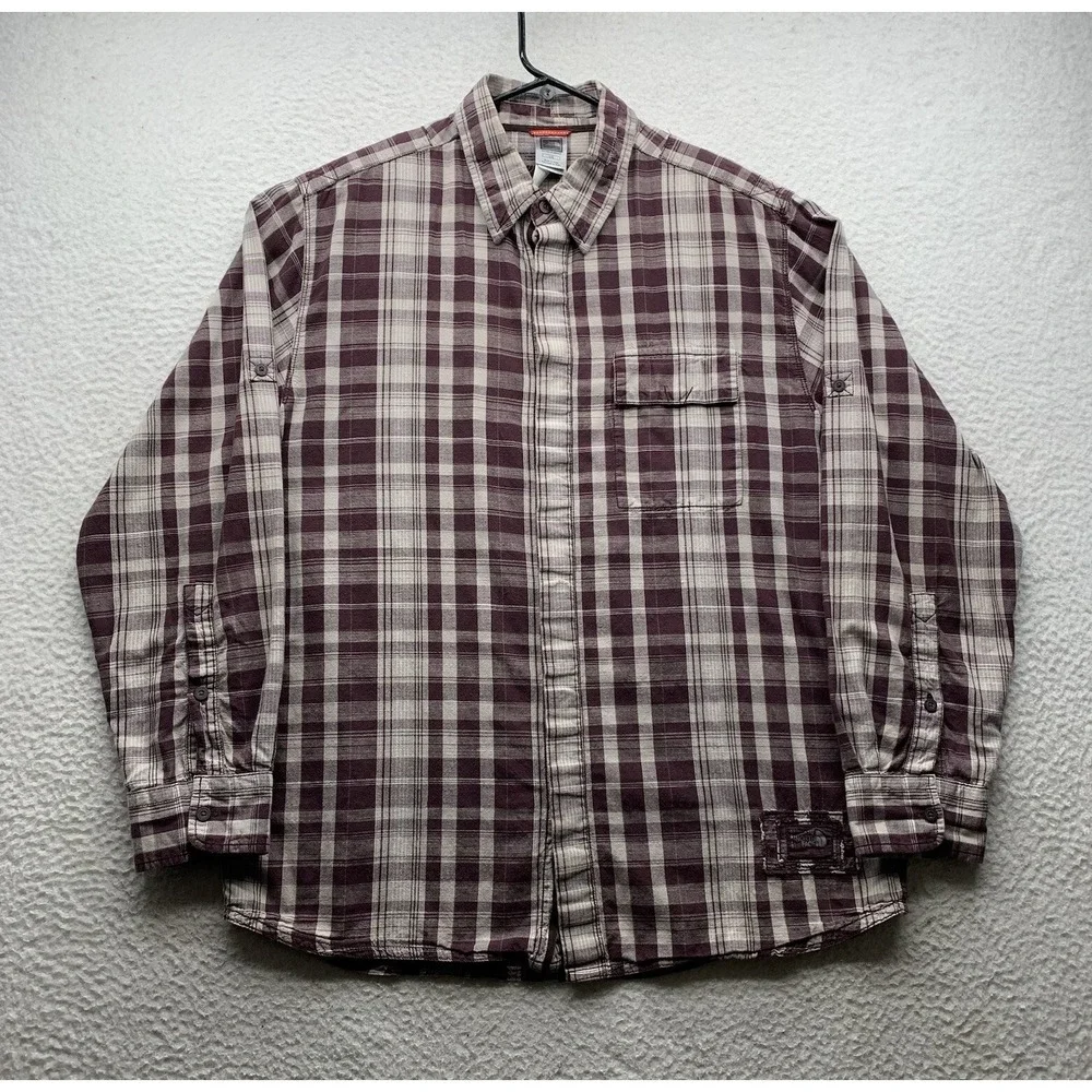 The North Face Button Up Shirt Mens Large L Maroon Gray Plaid Hiking Outdoors